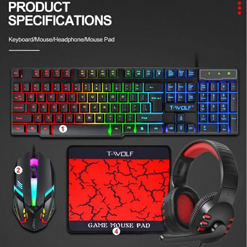 Gaming Keyboard Mouse And Headset Combo - スペイン語・ロシア語キーボードレイアウト ゲーミングコンボ 4 in 1 RGBバックライトキーボード