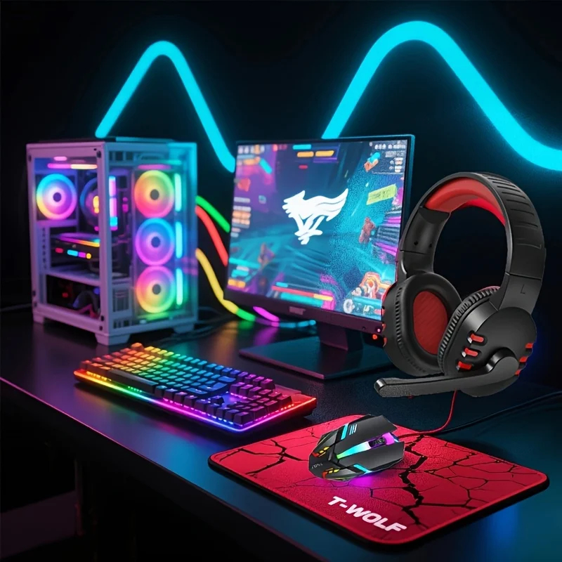 Gaming Keyboard Mouse And Headset Combo - 2026 4-in-1有線ゲーミングキーボード、マウス、マウスパッド、ゲーミングヘッドセット（LEDバックライト付き、マイク付き）eスポーツ、ゲーム、オフィス用
